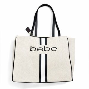 Bebe Cream Canvas Tote with Black Trim and Stripes NWT